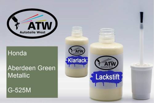 Honda, Aberdeen Green Metallic, G-525M: 20ml Lackstift + 20ml Klarlack - Set, von ATW Autoteile West.